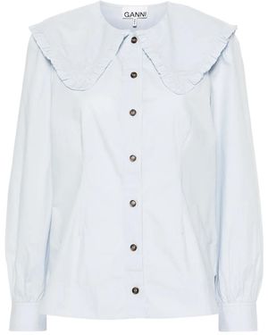 Ganni Frill Collar Organic Cotton Shirt - Blue