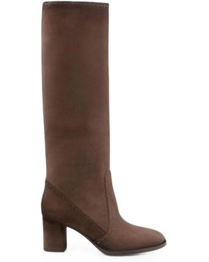Santoni Topstitched Block-Heel Boots - Brown