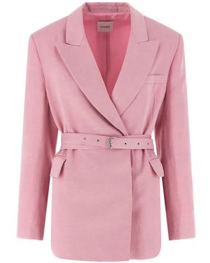 Nude Belt Double-Breasted Peak-Lapel Linen Blazer - Pink
