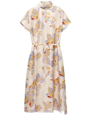 Shanghai Tang Floral-Print Silk Midi Dress - White