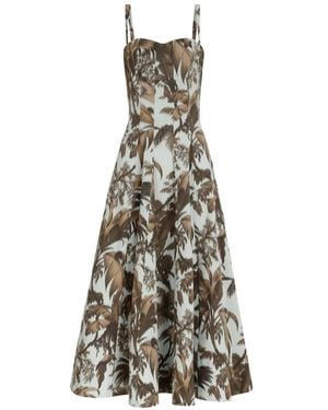 Oscar de la Renta Chiné Palm Leaves Cotton Poplin Dress - White