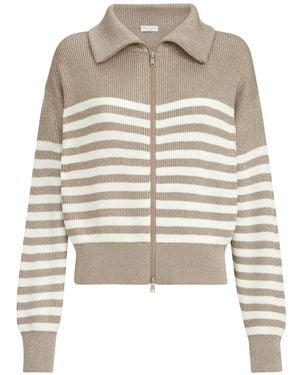 Brunello Cucinelli Sparkling Cotton Striped English Rib Cardigan With Zipper And Monili - White