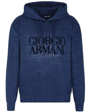 Giorgio Armani Logo Drawstring Hoodie - Blue