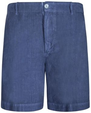 120% Lino Elasticated-Waistband Patch-Pocket Shorts - Blue