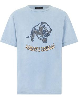 Roberto Cavalli Logo-Print Cotton T-Shirt - Blue