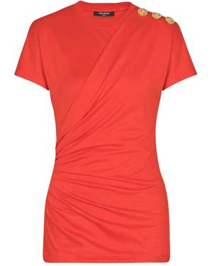 Balmain T-Shirt Drappeggiata Con Bottone A Forma Di Testa Di Leone - Rosso