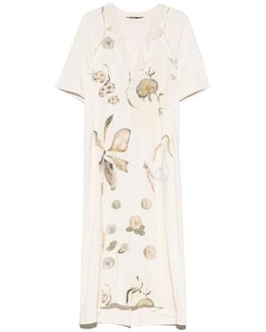 Bimba Y Lola Ivory Printed Dress With Lace Detailing On Bib - White