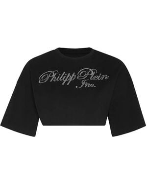 Philipp Plein Crystal-Embellished Logo-Print Cropped T-Shirt - Black