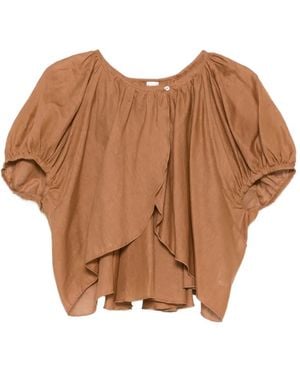 120% Lino Puff-Sleeve Gathered Blouse - Brown