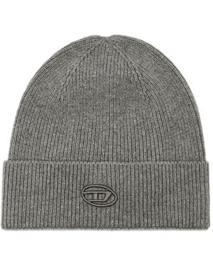 DIESEL Ribbed-Knit Embroidered-Logo Beanie Hat - Grey