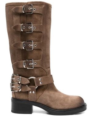 GISÉL MOIRÉ Buckle-Strap Square-Toe Boots - Brown