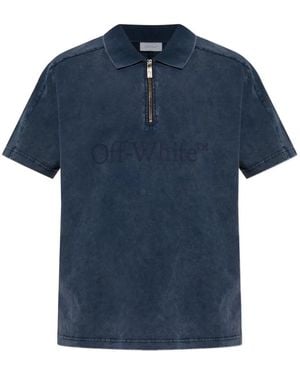 Off-White c/o Virgil Abloh Logo-Print Zip-Neck Polo Shirt - Blue