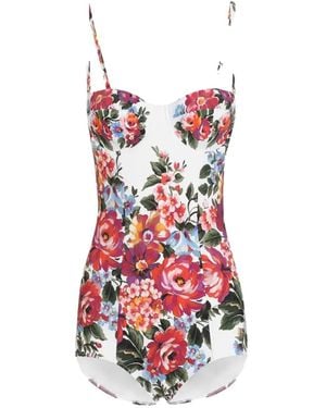 Dolce & Gabbana Flower Bouquet-Print Balconette One-Piece Swimsuit - White