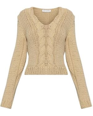 Jil Sander Cable-Knit V-Neck Sweater - Natural