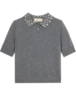Blumarine Beaded-Collar Polo Top - Grey