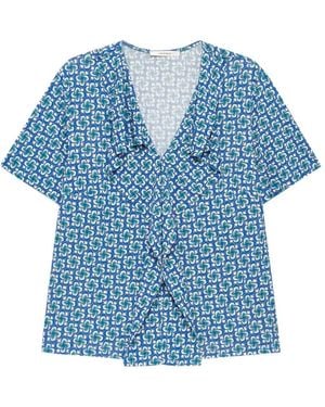 Maliparmi Ruffled Geometric V-Neck Top - Blue