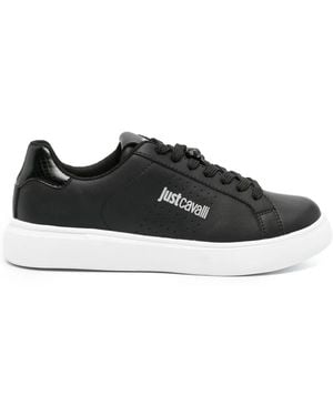 Just Cavalli Tiger Head-Logo Leather Trainers - Black