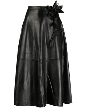 Elie Saab Floral-Embroidered Leather Midi Skirt - Black