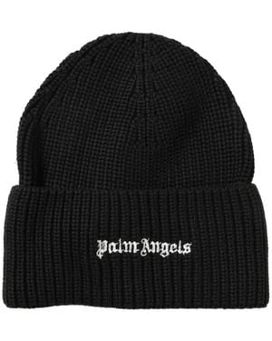 Palm Angels Logo-Embroidered Ribbed Beanie Hat - Black