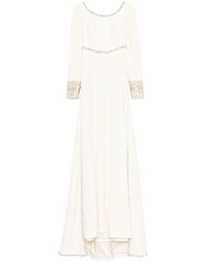 Dina Melwani Crystal-Embellished Cape-Detail Gown - White