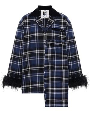Sleeper Checked Feather-Trimmed Pyjama - Blue