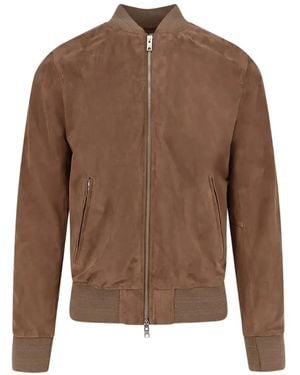 DFOUR® Ribbed-Trim Zip-Up Suede Bomber Jacket - Brown