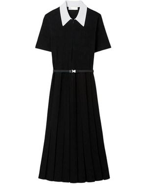 Tory Burch Monogram Pointelle Pleated Dress - Black