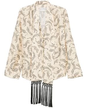 forte_forte Leopard-Print Fringed-Scarf Shirt - White