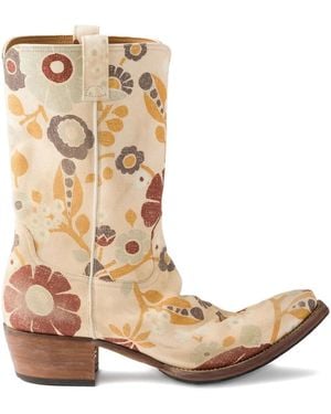 Prada Floral-Print Cowboy Boots - Natural