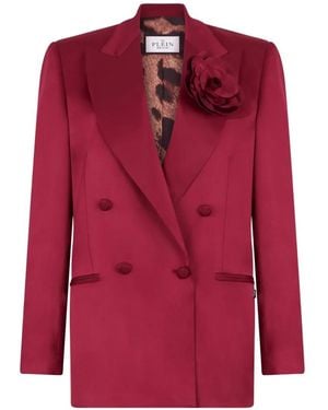 Philipp Plein Double-Breasted Floral-Appliqué Blazer - Red