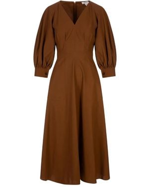 Max Mara Puff-Sleeve V-Neck Midi Dress - Brown