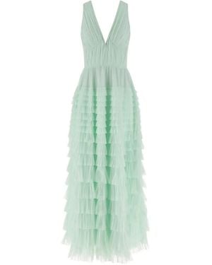 Twinset V-Neck Ruffled Tulle Maxi Dress - Green