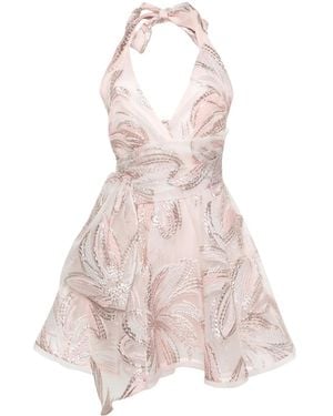 Talbot Runhof Lurex Floral Applique Belted Mini Dress - Pink