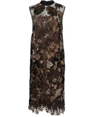 Biyan Floral-Embroidered 3D Midi Dress - Brown
