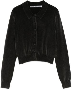 【送料&関税込】T by Alexander Wang Black Wool Cardigan Logo-Embossed Cardigan in Superfine Merino Wool in BLACK