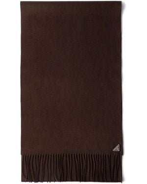 Prada Sciarpa Con Logo Triangolo E Frange - Marrone