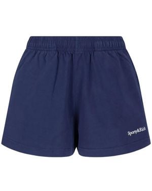 Sporty & Rich Lucy Serif Logo-Print Cotton Shorts - Blue