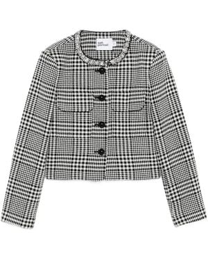 Self-Portrait Embellished-Collar Houndstooth Jacket - Grey