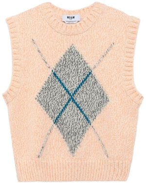 MSGM Argyle-Intarsia Knitted Sweater - White