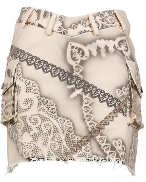 Yueqi Qi Feline Lace-Print Frayed Mini Skirt - Natural