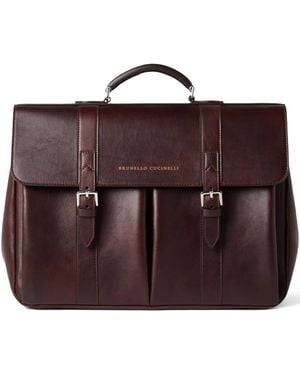 Brunello Cucinelli Double-Buckle Leather Briefcase - Brown