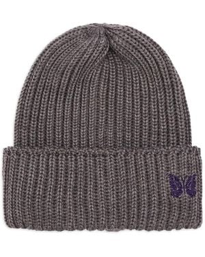 Needles Ribbed-knit butterfly-embroidery beanie - Grau