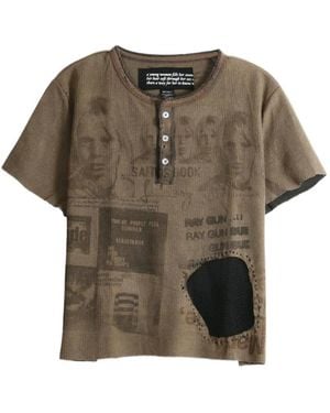 SAITOS Mesh-Panel Henley T-Shirt - Grey
