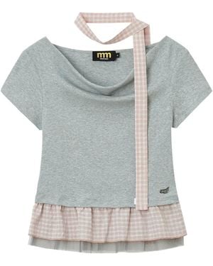 Mini Cream Gingham-Check Peplum Blouse - Grey