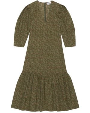 Ganni Puff-Sleeve Floral-Print Midi Dress - Green