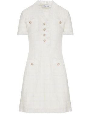 Self-Portrait Bouclé Frayed-Trim Mini Dress - White