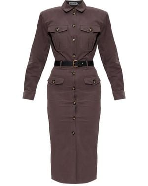 Self-Portrait Button-Fastening Belted Dress - Brown
