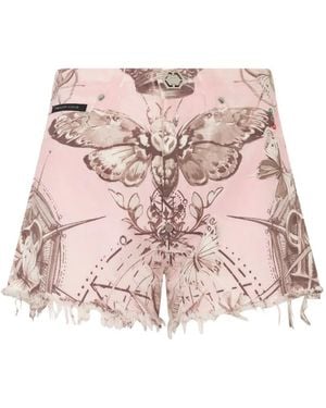 Philipp Plein Short À Bords Francs Et Motif Tatouage Papillon - Pink
