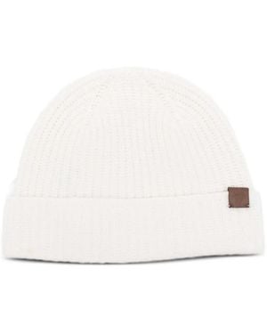 Eleventy Gerippte Beanie mit Leder-Patch - Weiß