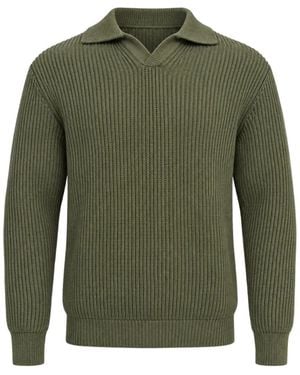 Franzese Collection Steve Mcqueen Ribbed-Knit Pointed-Collar V-Neck Jumper - Green